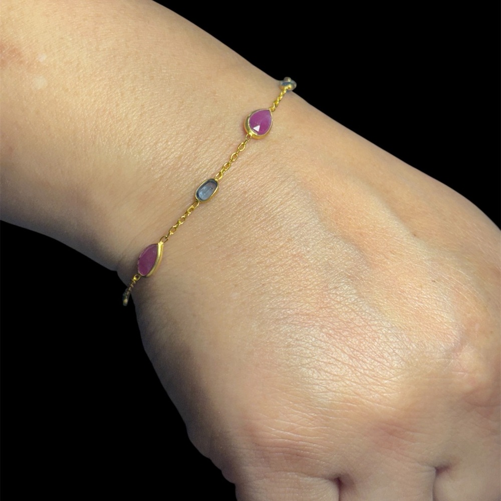 Handmade Ruby & Kyanite Bracelet | 925 Silver | 18K Gold Plated | Adjustable
